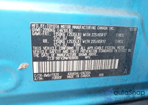 2021 Toyota Rav4 Le from USA, damaged, VIN 2T3F1RFV2MW169890